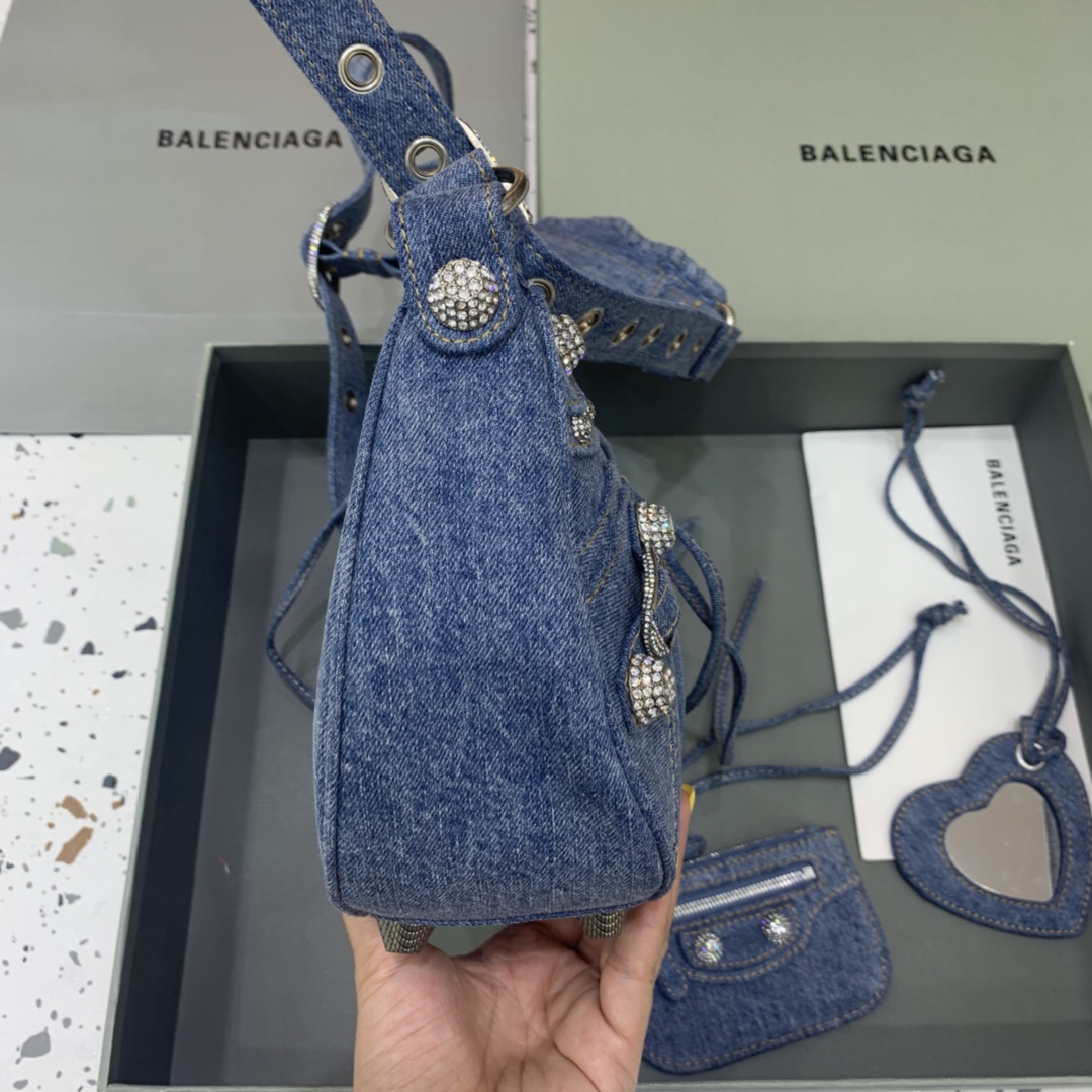 Balenciaga Le Cagole Small Shoulder Bag in Denim With Rhinestones